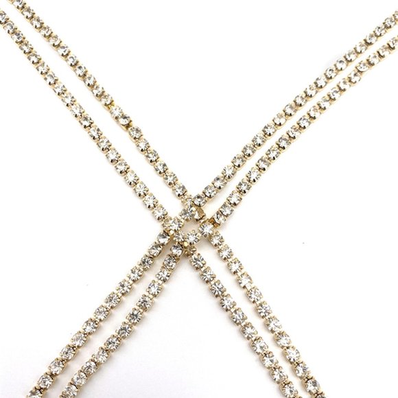Double Criss Cross Sparkling Rhinestone Bust Body Harness Chain - Picture 6 of 6